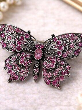 Vintage Pink Rhinestone Butterfly Brooch Gold Tone Romantic Statement Pin